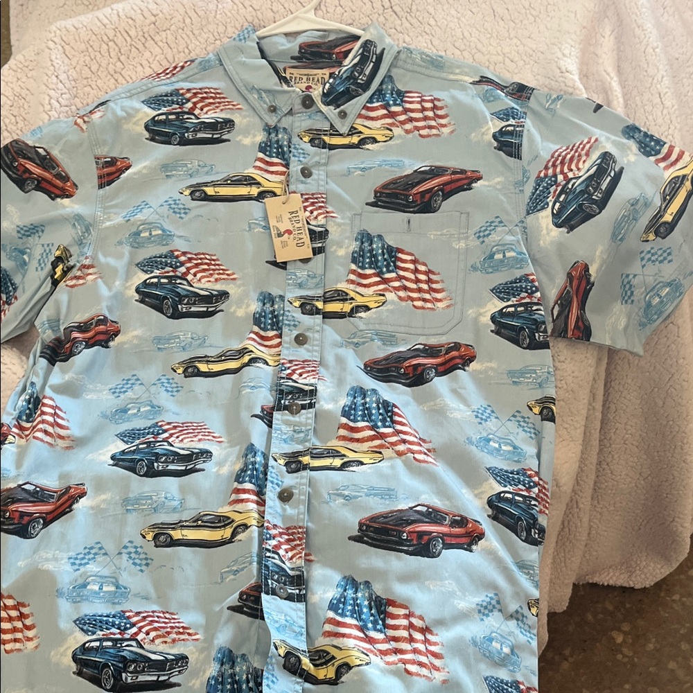 RedHead Men's Light Blue Car and Flag Print Shirt